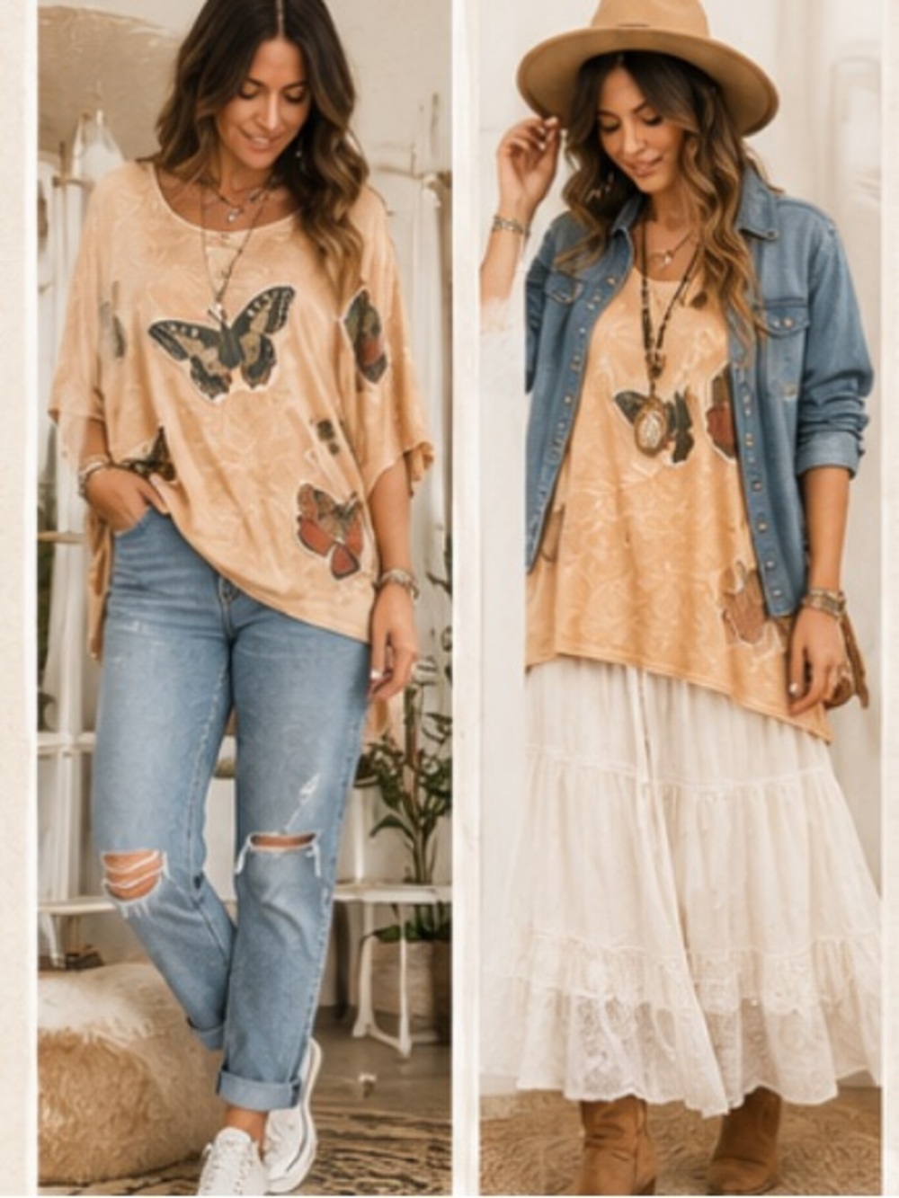 Boho Dream Top with Butterfly Appliqués - Beige